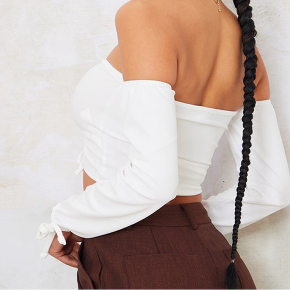 PLT, White Ruched Detail Bardot Long Sleeve Crop Top, Size 4 (small) - Picture 3 of 4